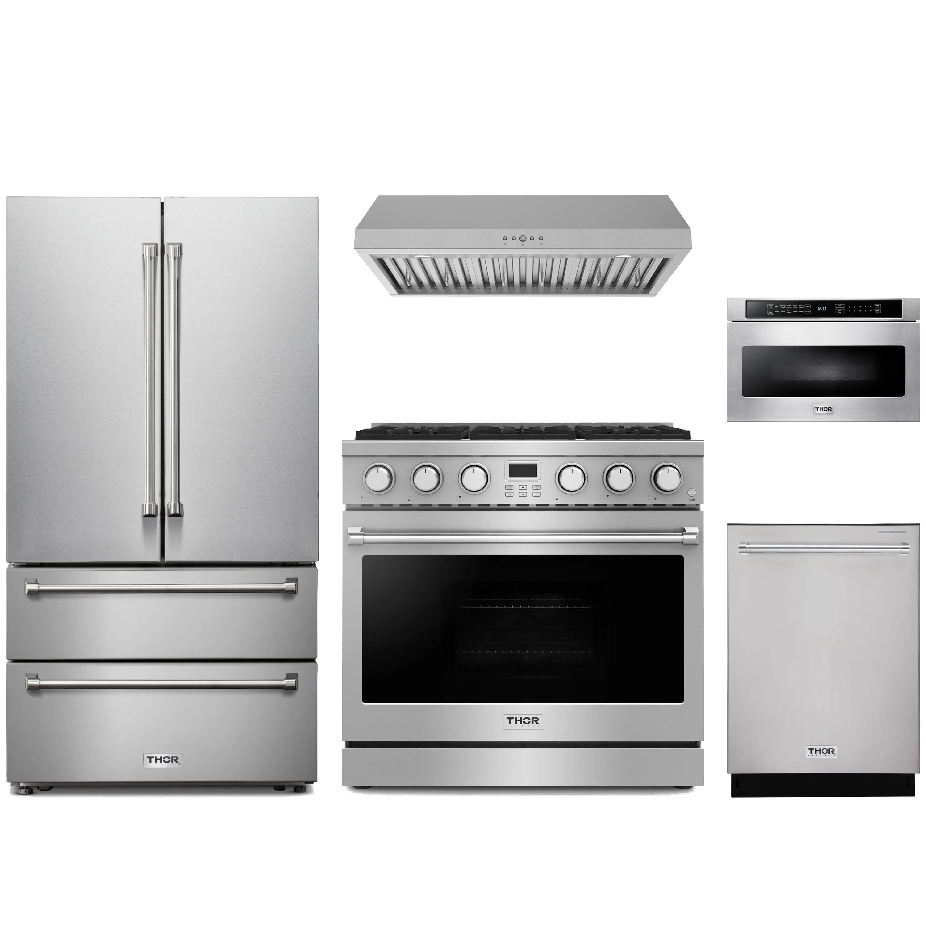 Stainless steel appliance package with double-door refrigerator, gas range and hood