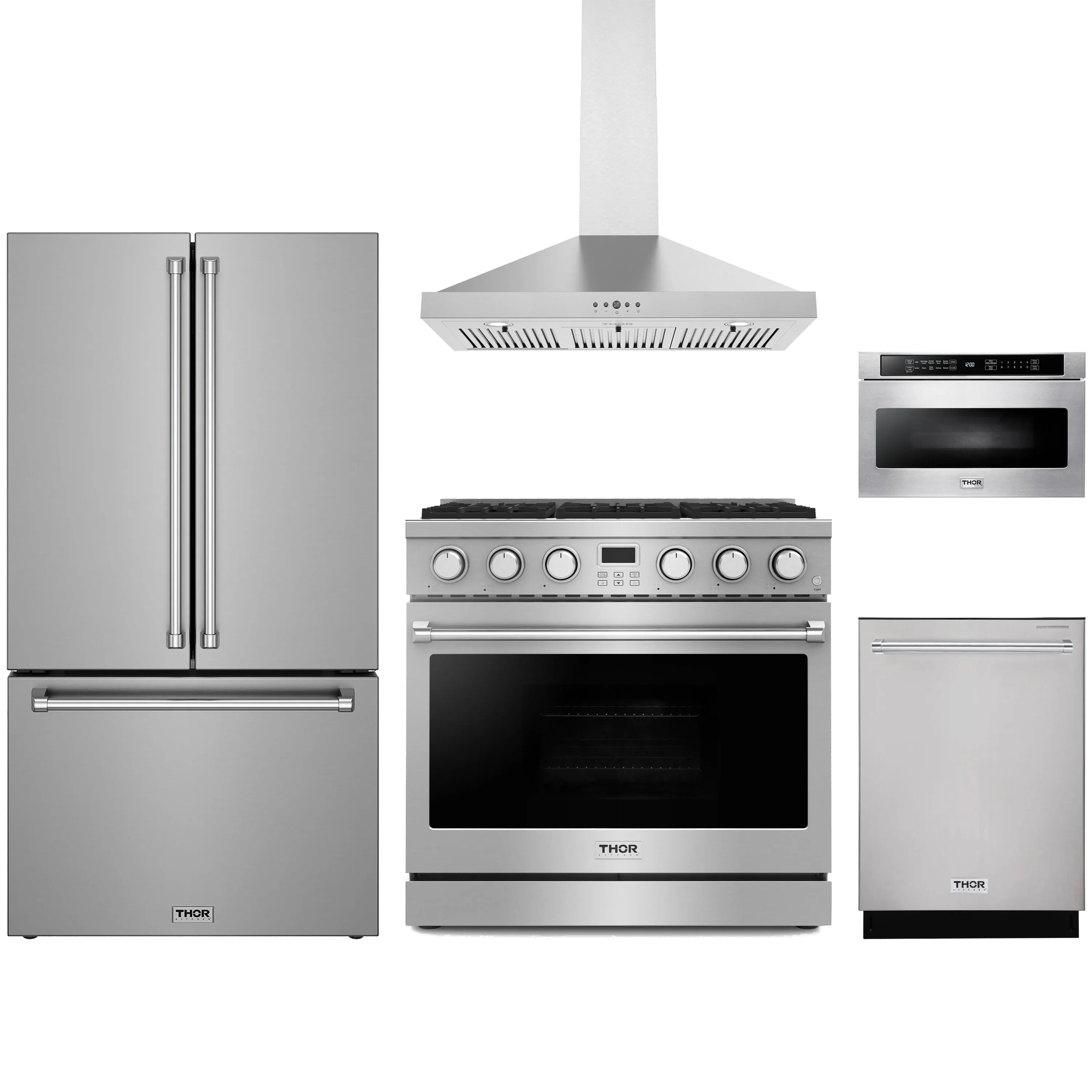 Stainless steel appliance package: gas range, wall hood, fridge, dishwasher, microwave drawer