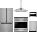 Stainless steel Thor Kitchen appliance package with 36-inch range, range hood, counter-depth refrigerator, dishwasher, microwave drawer