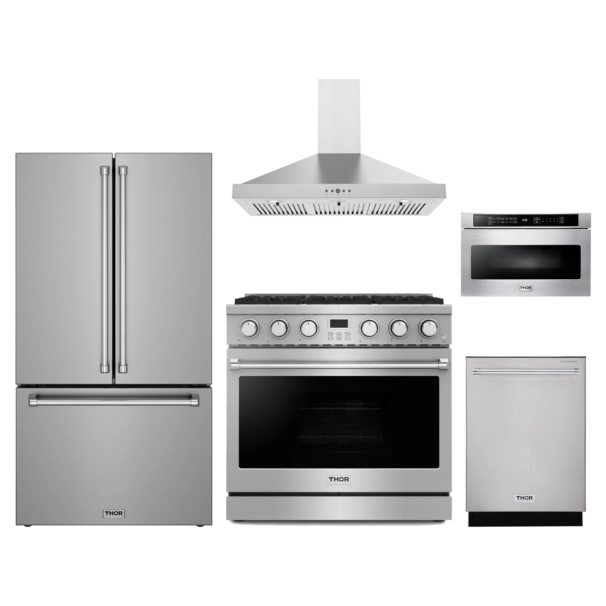 Thor Kitchen 5-Piece Appliance Package - 36-Inch Natural Gas Range, Counter-Depth Refrigerator, Wall Mount Hood, Dishwasher, & Microwave Drawer in Stainless Steel