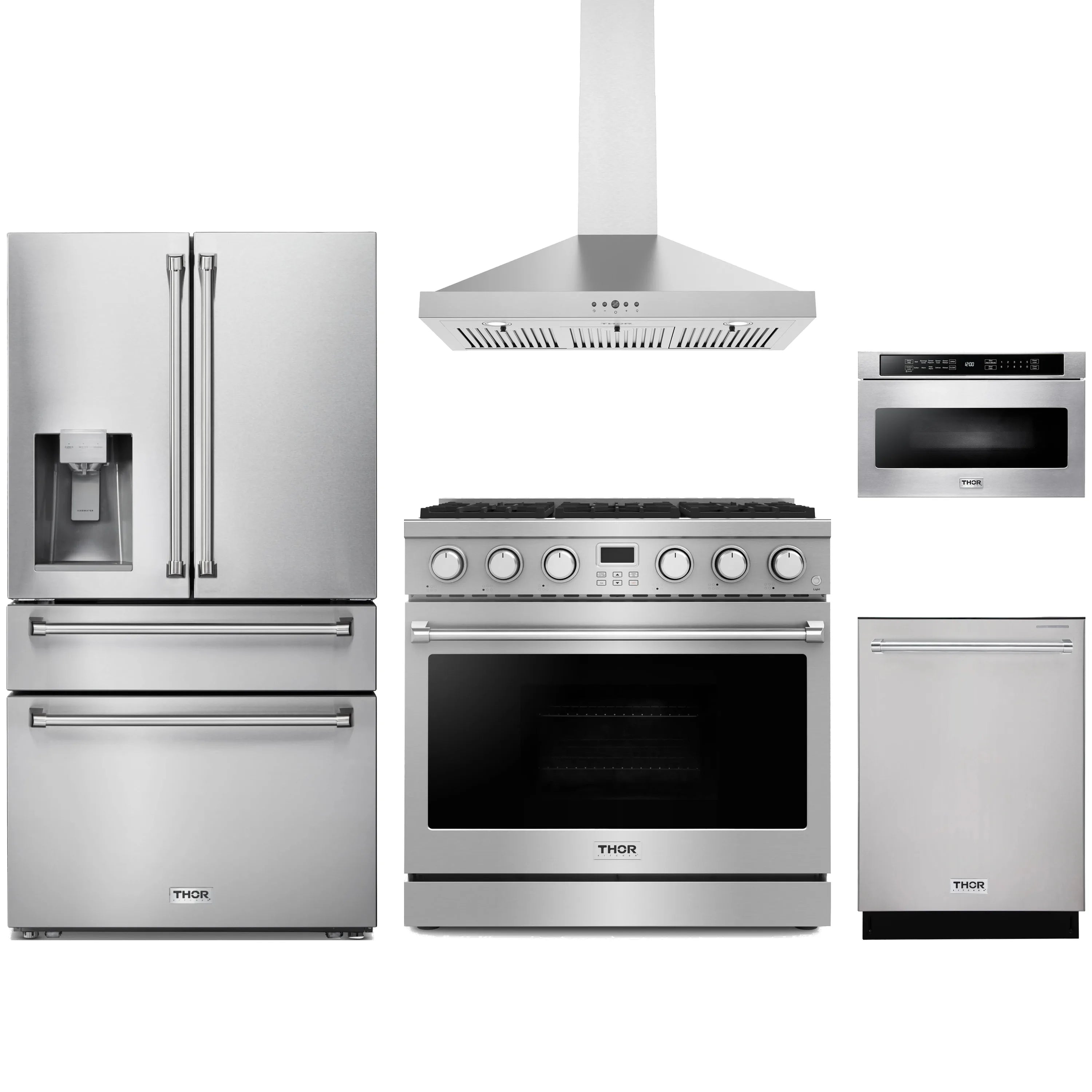 Stainless steel Thor Kitchen appliance package with 36-inch range, range hood, refrigerator with water dispenser, dishwasher, microwave drawer