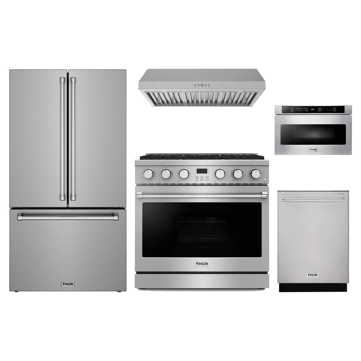 Thor Kitchen 5-Piece Appliance Package - 36-Inch Propane Gas Range, Counter-Depth Refrigerator, Under Cabinet Hood, Dishwasher, & Microwave Drawer in Stainless Steel