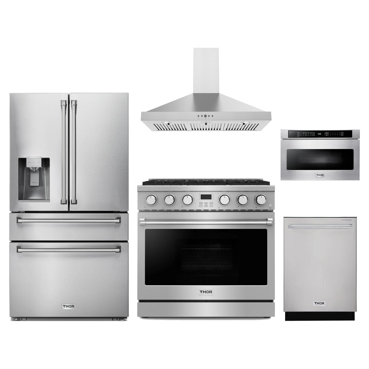 Thor Kitchen 5-Piece Appliance Package - 36-Inch Propane Gas Range, Refrigerator with Water Dispenser, Wall Mount Hood, Dishwasher, & Microwave Drawer in Stainless Steel