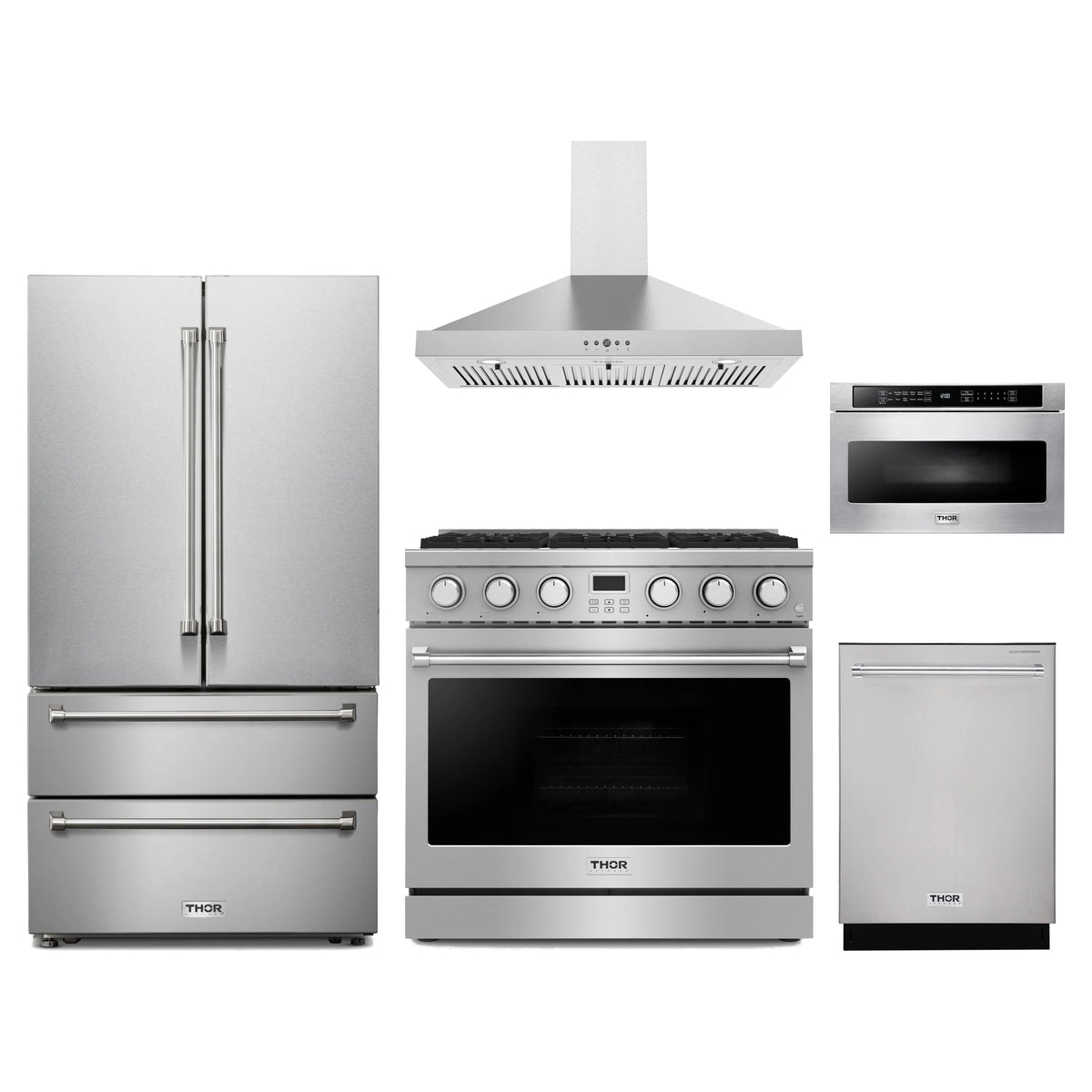 Thor Kitchen 5-Piece Appliance Package - 36-Inch Propane Gas Range, French Door Refrigerator, Wall Mount Hood, Dishwasher, & Microwave Drawer in Stainless Steel