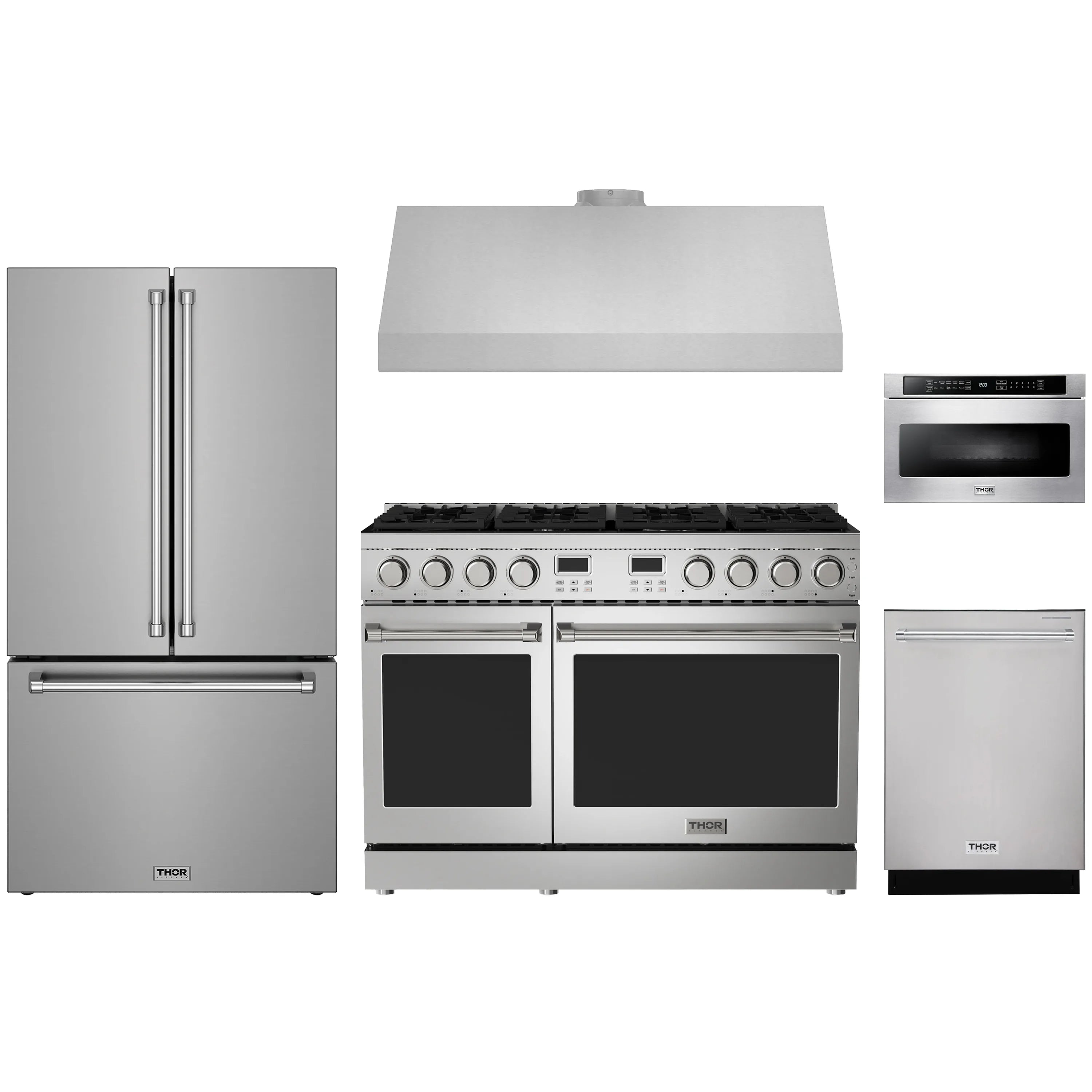 Stainless steel appliance package: refrigerator, gas range, under-cabinet hood, dishwasher, microwave drawer.