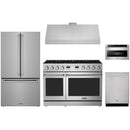 Stainless steel Thor Kitchen appliance package with 48-inch range, range hood, counter-depth refrigerator, dishwasher, microwave drawer