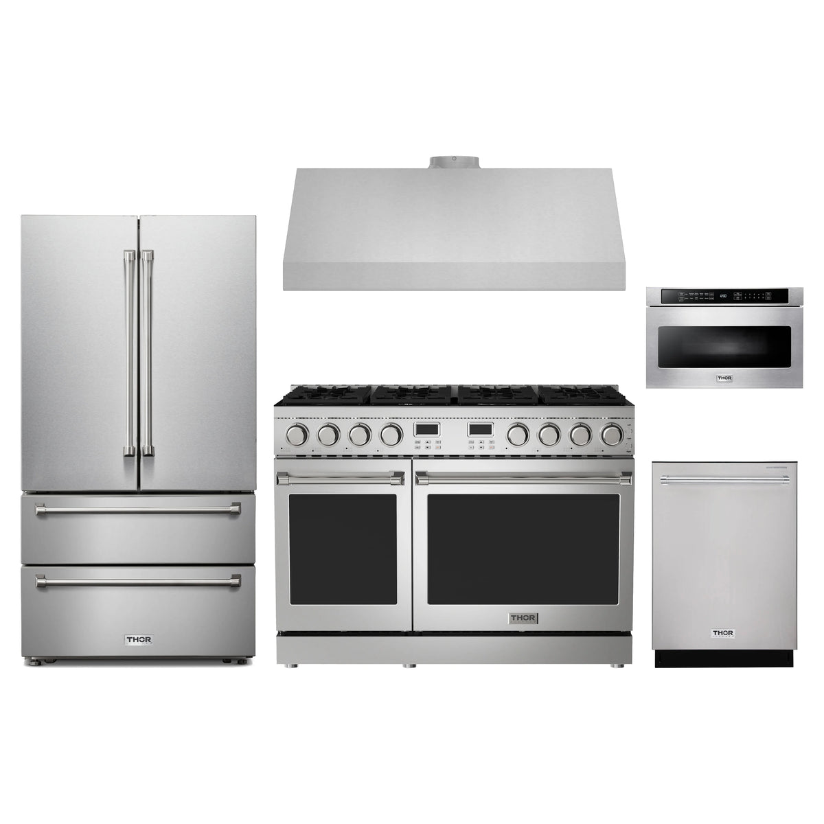 Thor Kitchen 5-Piece Appliance Package - 48-Inch Natural Gas Range, French Door Refrigerator, Under Cabinet Hood, Dishwasher, & Microwave Drawer in Stainless Steel