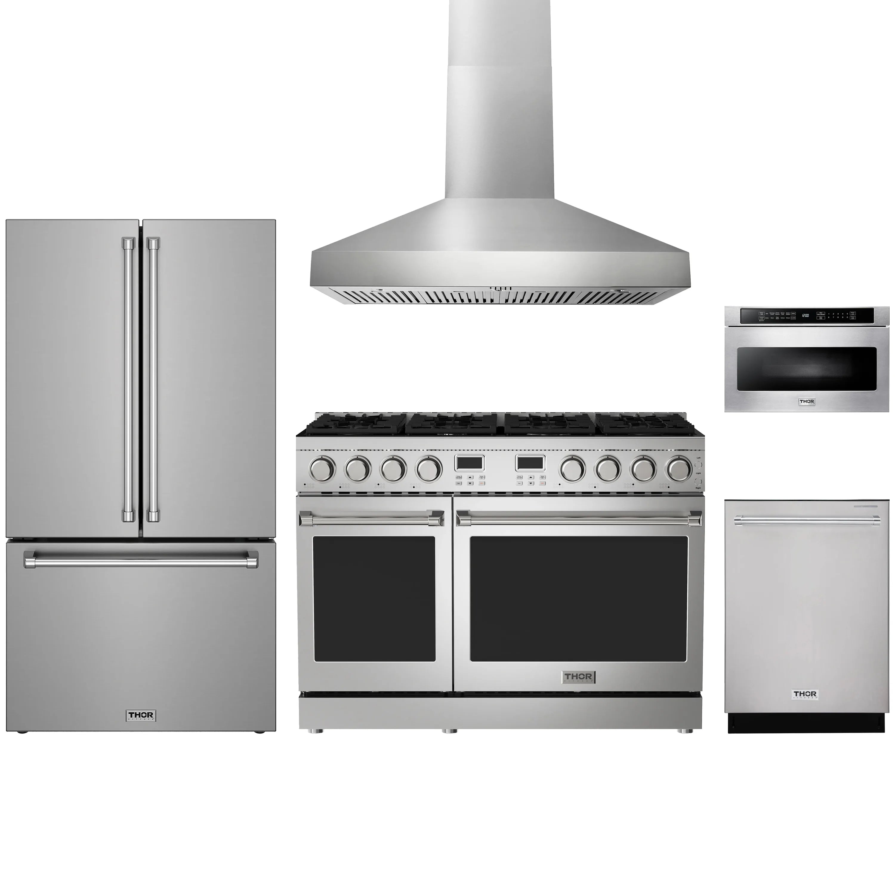 Stainless steel kitchen appliance set with gas range, hood, refrigerator, and dishwasher