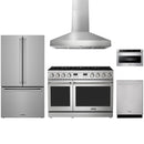 Stainless steel Thor Kitchen appliance package with 48-inch range, range hood, counter-depth refrigerator, dishwasher, microwave drawer