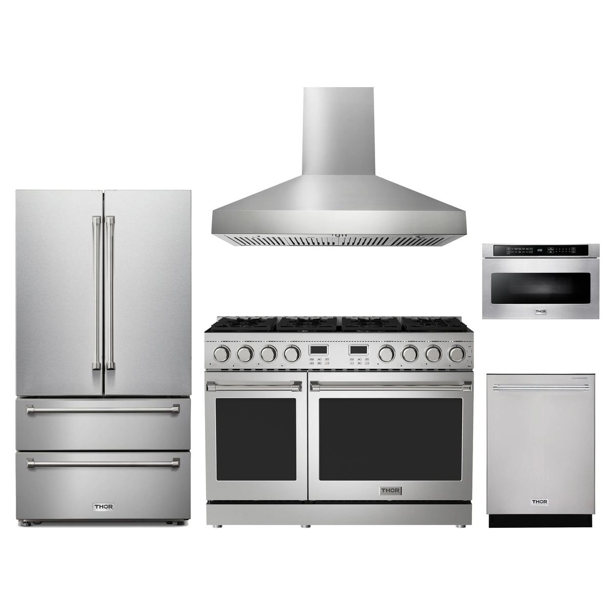 Thor Kitchen 5-Piece Appliance Package - 48-Inch Natural Gas Range, French Door Refrigerator, Wall Mount Hood, Dishwasher, & Microwave Drawer in Stainless Steel