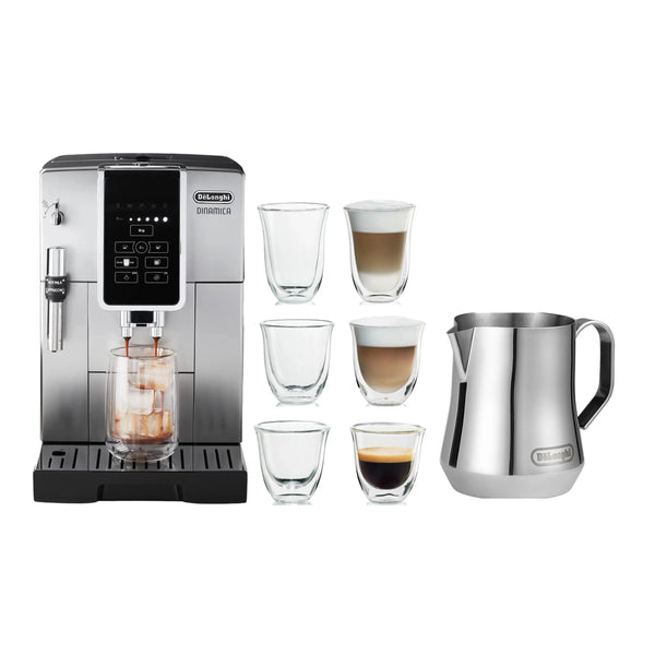 De'Longhi Package - Dinamica Fully Automatic Coffee and Espresso Machine with Espresso Glass Set and Milk Frothing Pitcher