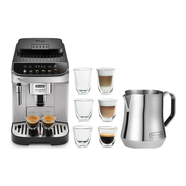 De'Longhi Package - Magnifica Evo Coffee and Espresso Machine with Espresso Glass Set and Milk Frothing Pitcher