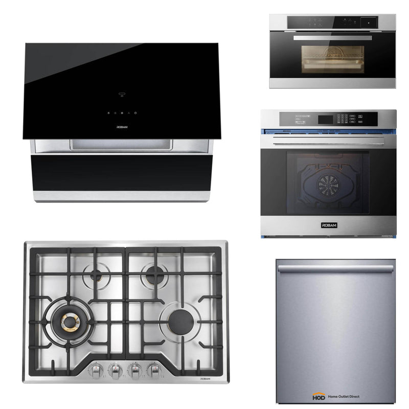 ROBAM 5-Piece Appliance Package - 30-Inch 4 Burners Gas Cooktop, Under Cabinet/Wall Mounted Range Hood, Dishwasher, Wall Oven, and Steam Combi Oven in Stainless Steel