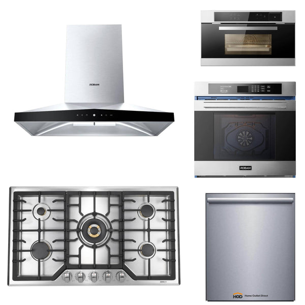 ROBAM 5-Piece Appliance Package - 36-Inch 5 Burners Gas Cooktop, Wall Mounted Range Hood, Dishwasher, Wall Oven, and Steam Combi Oven in Stainless Steel