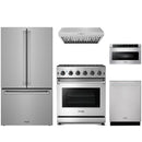 Stainless steel Thor Kitchen appliance package with 30-inch range, range hood, counter-depth refrigerator, dishwasher, microwave drawer