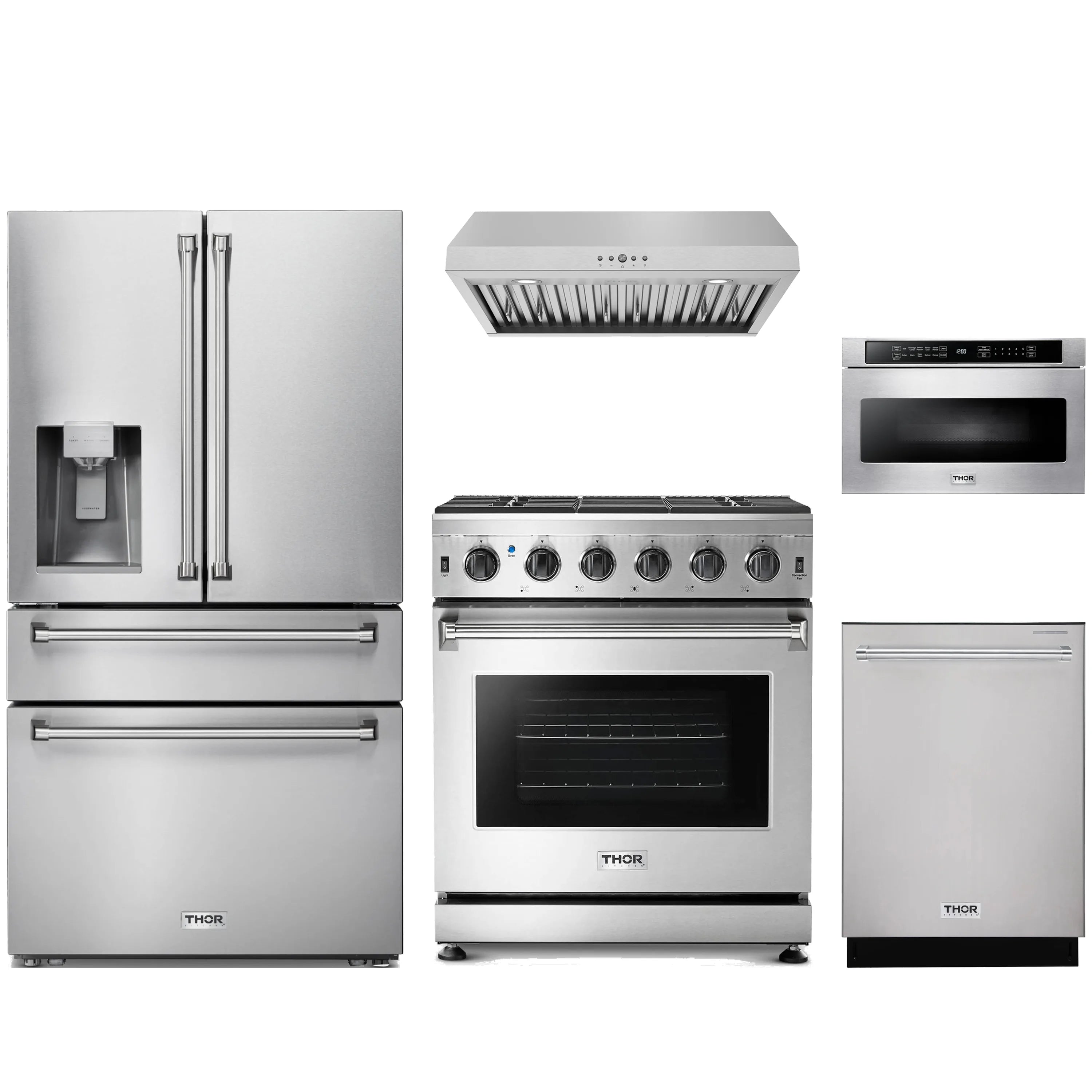 Stainless steel appliance package: refrigerator, under-cabinet hood, gas range, dishwasher, microwave drawer