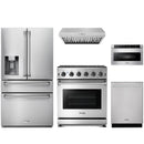 Stainless steel Thor Kitchen appliance package with 30-inch range, range hood, refrigerator with water dispenser, dishwasher, microwave drawer