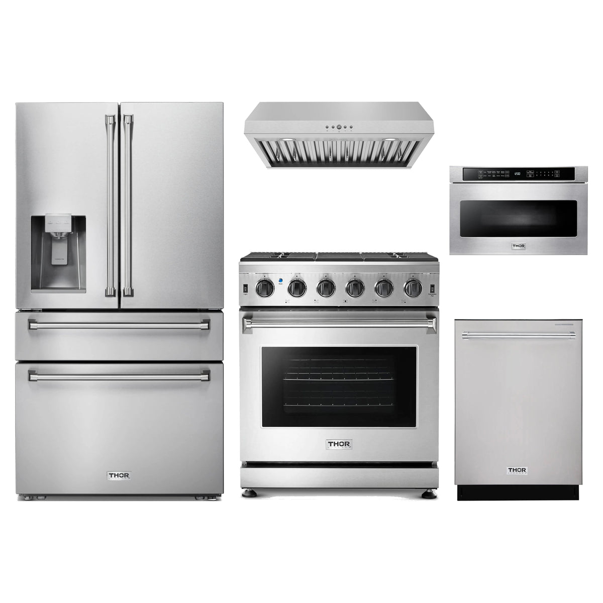 Thor Kitchen 5-Piece Appliance Package - 30-Inch Natural Gas Range, Refrigerator with Water Dispenser, Under Cabinet Hood, Dishwasher, & Microwave Drawer in Stainless Steel