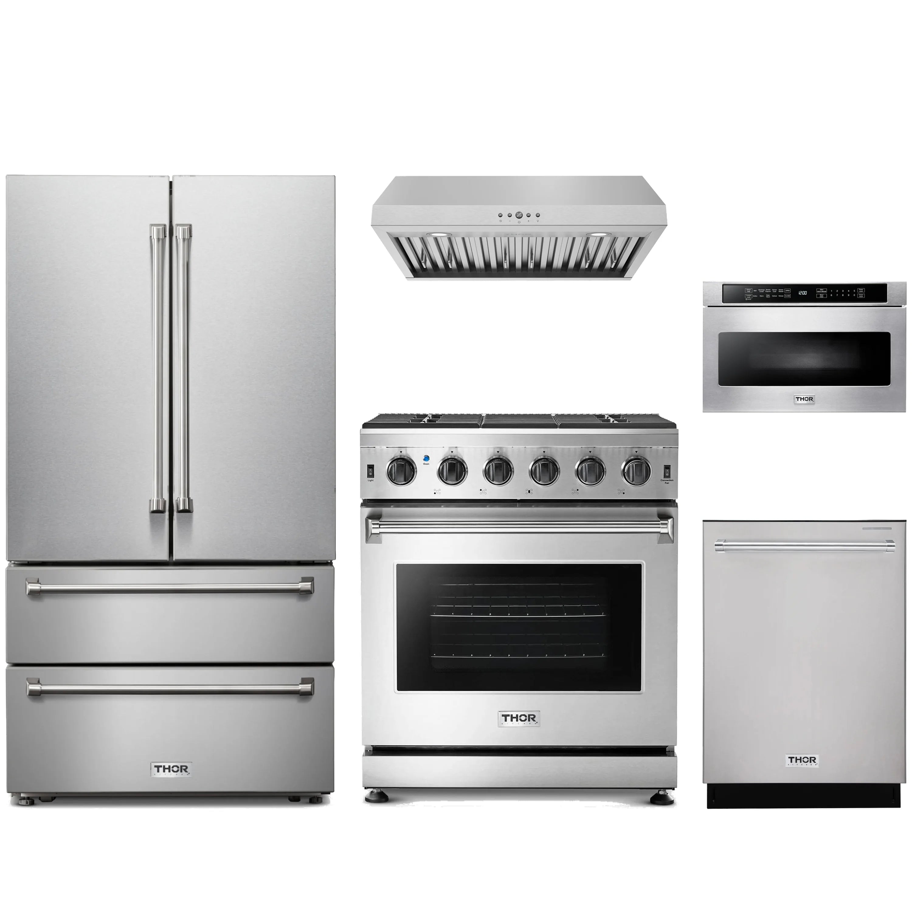 Thor 5-piece stainless steel kitchen appliance package with range, hood, fridge, dishwasher, microwave
