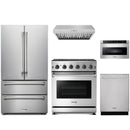 Stainless steel Thor Kitchen appliance package with 30-inch range, range hood, french door refrigerator, dishwasher, microwave drawer