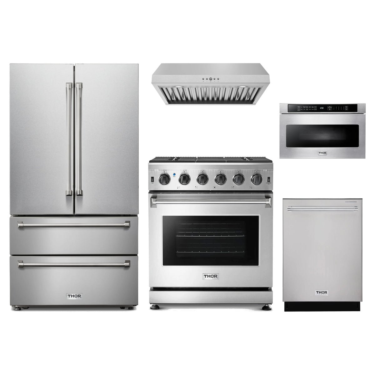 Thor Kitchen 5-Piece Appliance Package - 30-Inch Natural Gas Range, French Door Refrigerator, Under Cabinet Hood, Dishwasher, & Microwave Drawer in Stainless Steel