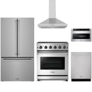 Stainless steel Thor Kitchen appliance package with 30-inch range, range hood, counter-depth refrigerator, dishwasher, microwave drawer