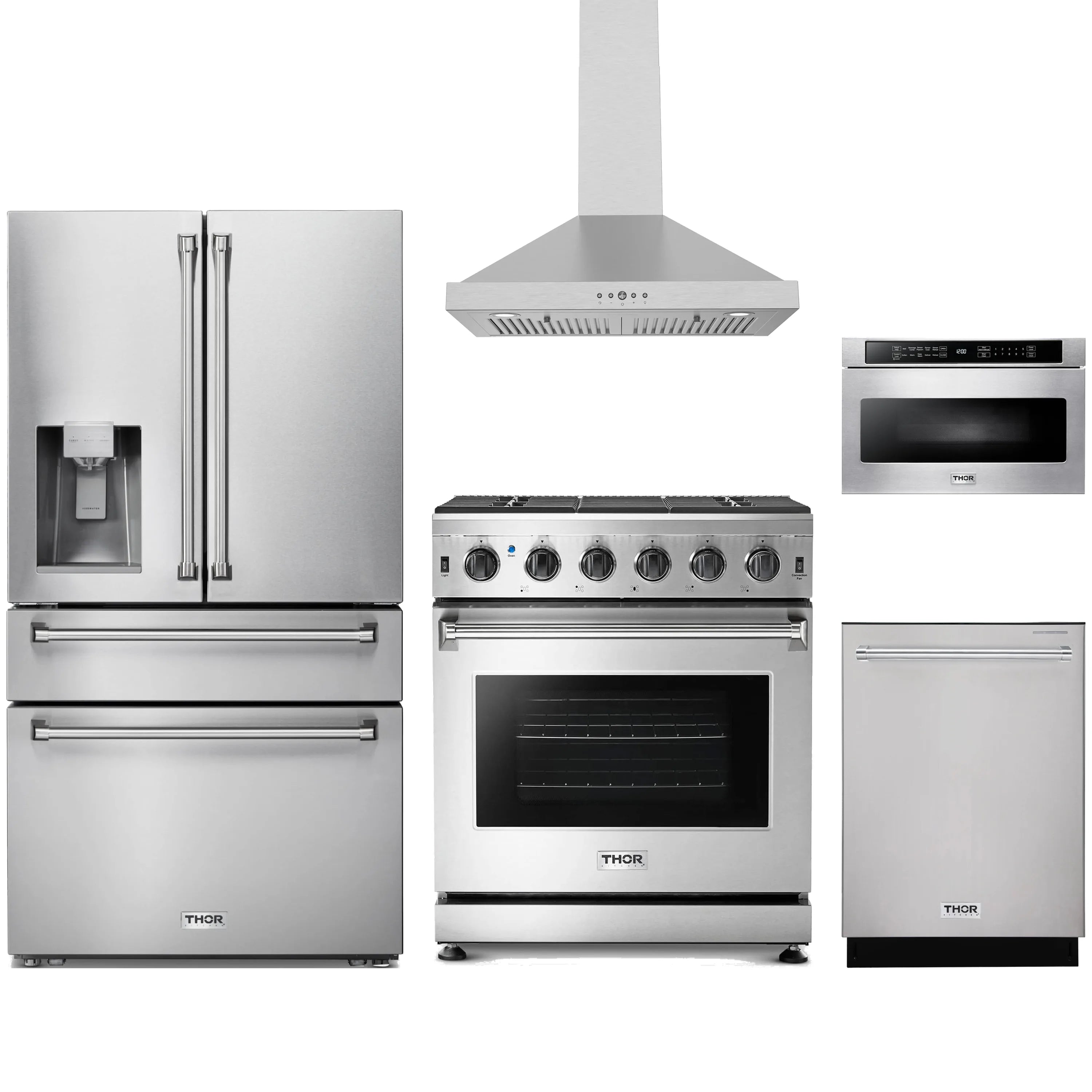 Stainless steel Thor Kitchen appliance package with 30-inch range, range hood, refrigerator with water dispenser, dishwasher, microwave drawer
