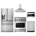 Thor Kitchen 5-Piece Appliance Package - 30-Inch Natural Gas Range, Refrigerator with Water Dispenser, Wall Mount Hood, Dishwasher, & Microwave Drawer in Stainless Steel