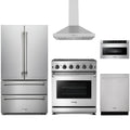 Thor Kitchen 5-Piece Appliance Package - 30-Inch Natural Gas Range, French Door Refrigerator, Wall Mount Hood, Dishwasher, & Microwave Drawer in Stainless Steel