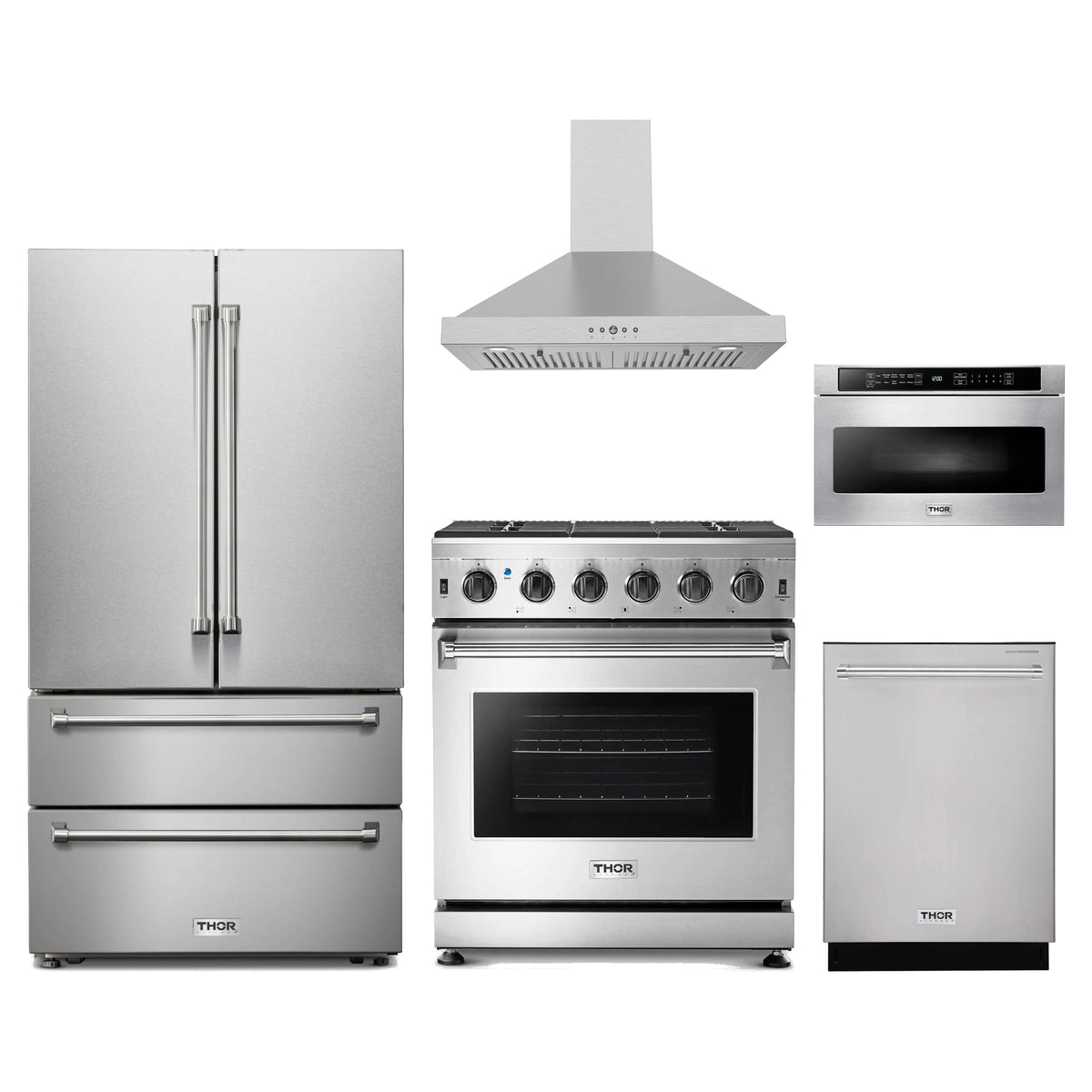 Thor Kitchen 5-Piece Appliance Package - 30-Inch Natural Gas Range, French Door Refrigerator, Wall Mount Hood, Dishwasher, & Microwave Drawer in Stainless Steel