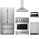 Stainless steel Thor Kitchen appliance package with 30-inch range, range hood, french door refrigerator, dishwasher, microwave drawer