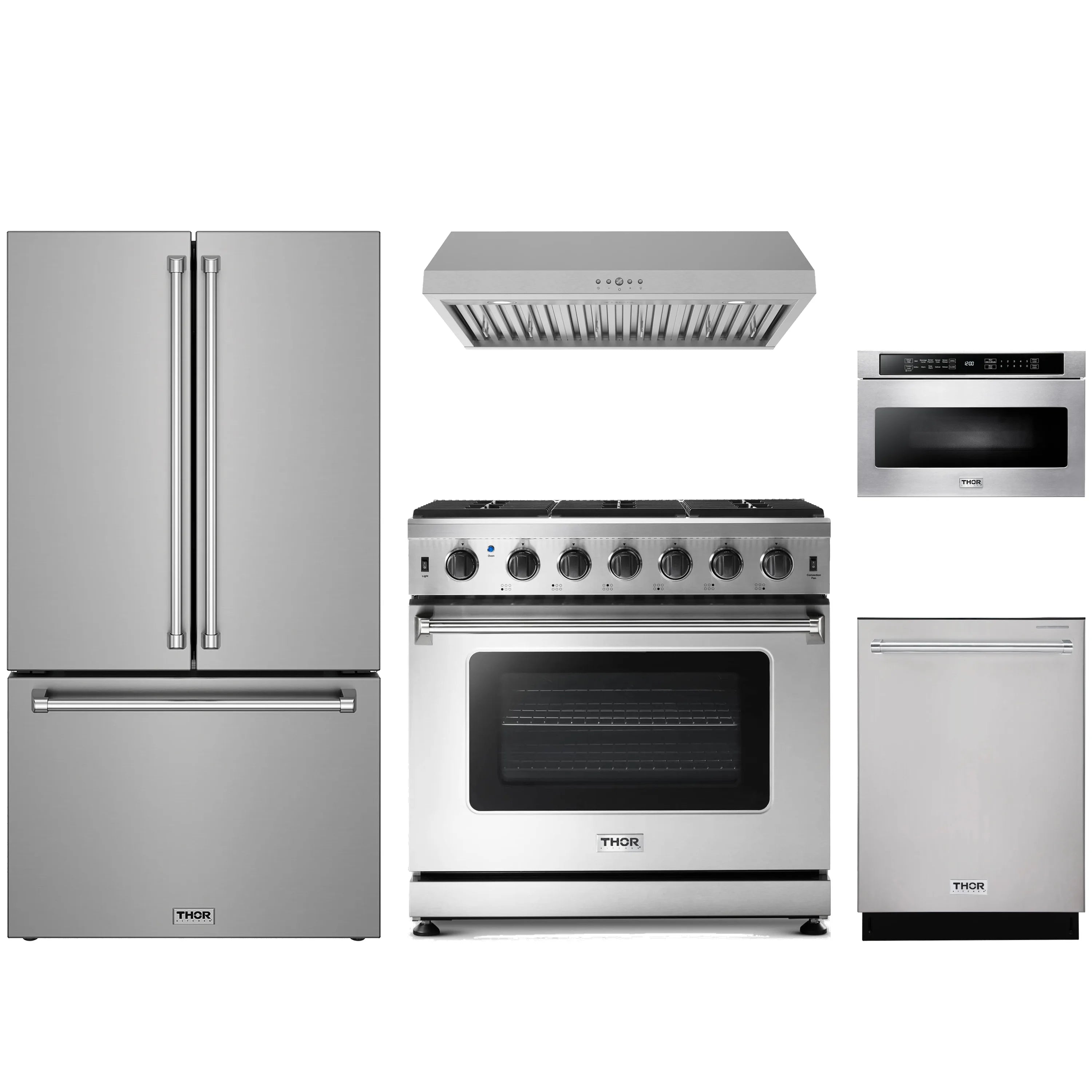 Stainless steel appliance package showing refrigerator, gas range, hood, and dishwasher