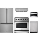 Stainless steel Thor Kitchen appliance package with 36-inch range, range hood, counter-depth refrigerator, dishwasher, microwave drawer