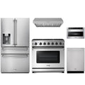 Thor Kitchen 5-Piece Appliance Package - 36-Inch Natural Gas Range, Refrigerator with Water Dispenser, Under Cabinet Hood, Dishwasher, & Microwave Drawer in Stainless Steel