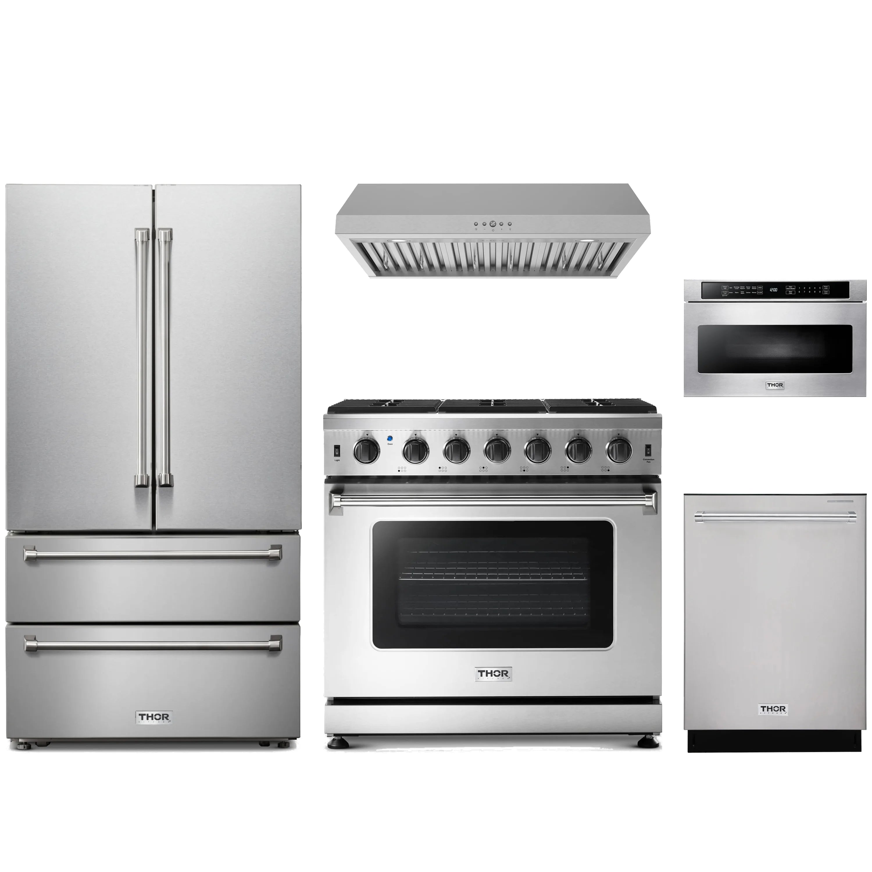 Stainless steel Thor Kitchen appliance package with 36-inch range, range hood, french door refrigerator, dishwasher, microwave drawer