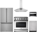 Stainless steel Thor Kitchen appliance package with 36-inch range, range hood, counter-depth refrigerator, dishwasher, microwave drawer