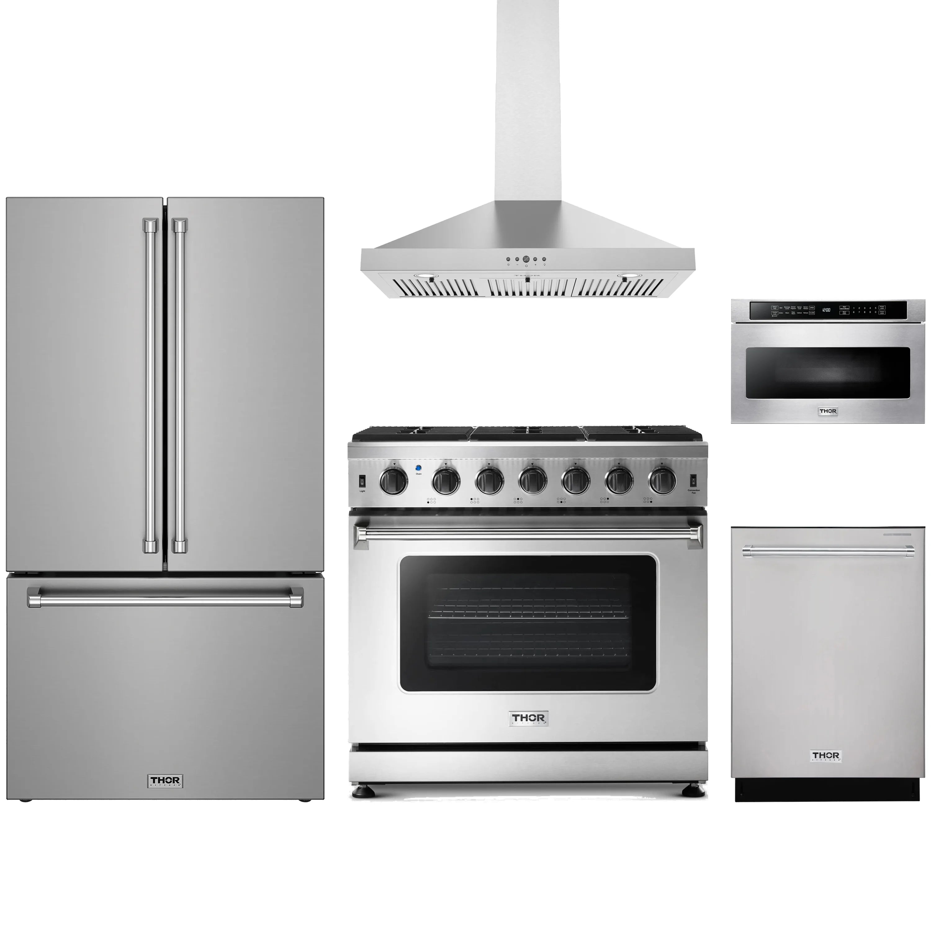Stainless steel appliance package featuring a gas range, wall hood, and refrigerator/dishwasher