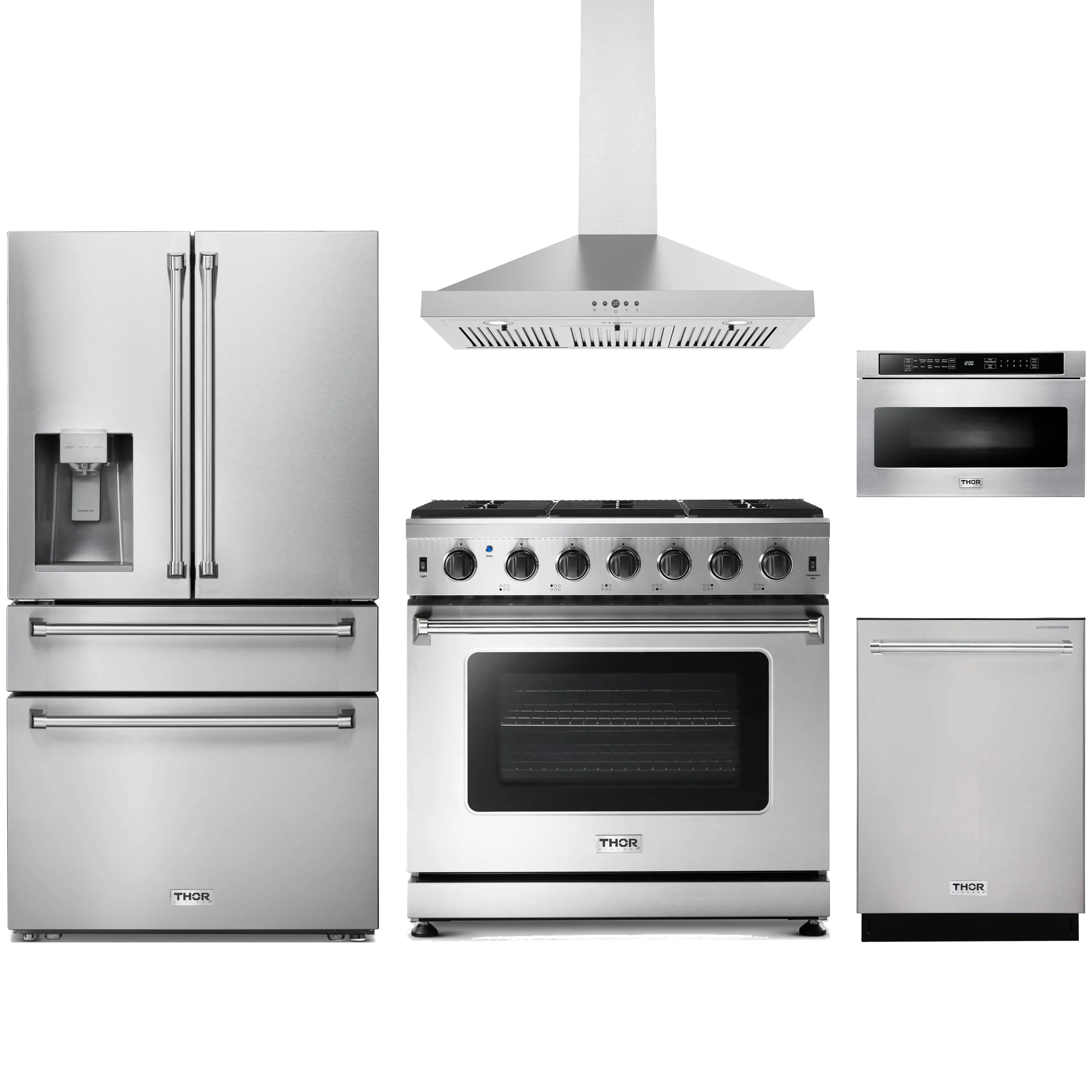 Stainless steel Thor Kitchen appliance package with 36-inch range, range hood, refrigerator with water dispenser, dishwasher, microwave drawer