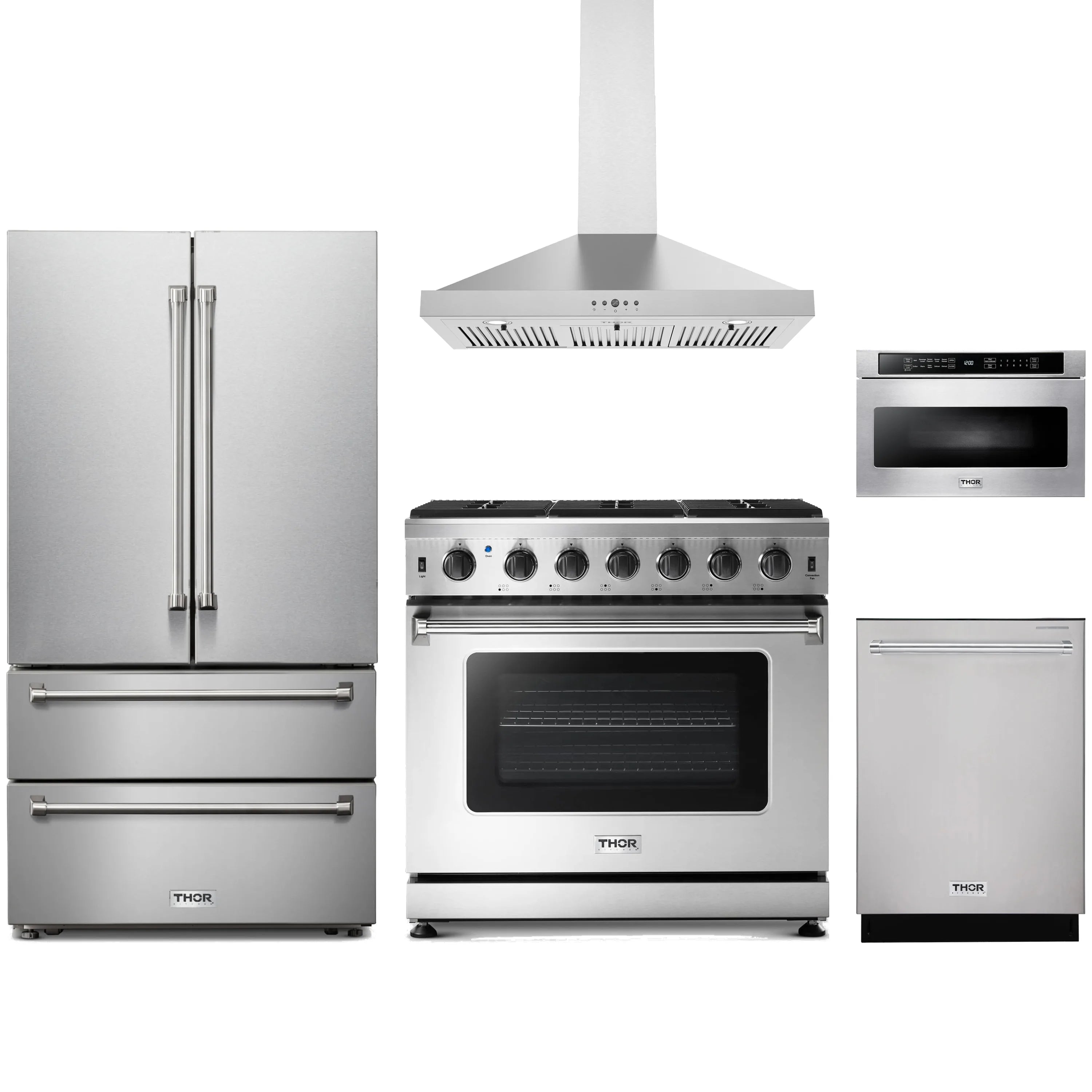 Stainless steel Thor Kitchen appliance package with 36-inch range, range hood, french door refrigerator, dishwasher, microwave drawer