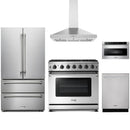 Stainless steel Thor Kitchen appliance package with 36-inch range, range hood, french door refrigerator, dishwasher, microwave drawer