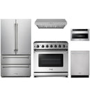 Stainless steel Thor Kitchen appliance package with 36-inch range, range hood, french door refrigerator, dishwasher, microwave drawer