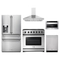 Thor Kitchen 5-Piece Appliance Package - 36-Inch Propane Gas Range, Refrigerator with Water Dispenser, Wall Mount Hood, Dishwasher, & Microwave Drawer in Stainless Steel