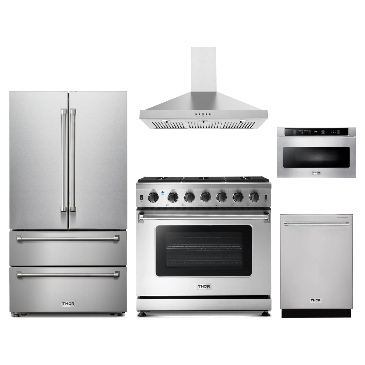 Thor Kitchen 5-Piece Appliance Package - 36-Inch Propane Gas Range, French Door Refrigerator, Wall Mount Hood, Dishwasher, & Microwave Drawer in Stainless Steel