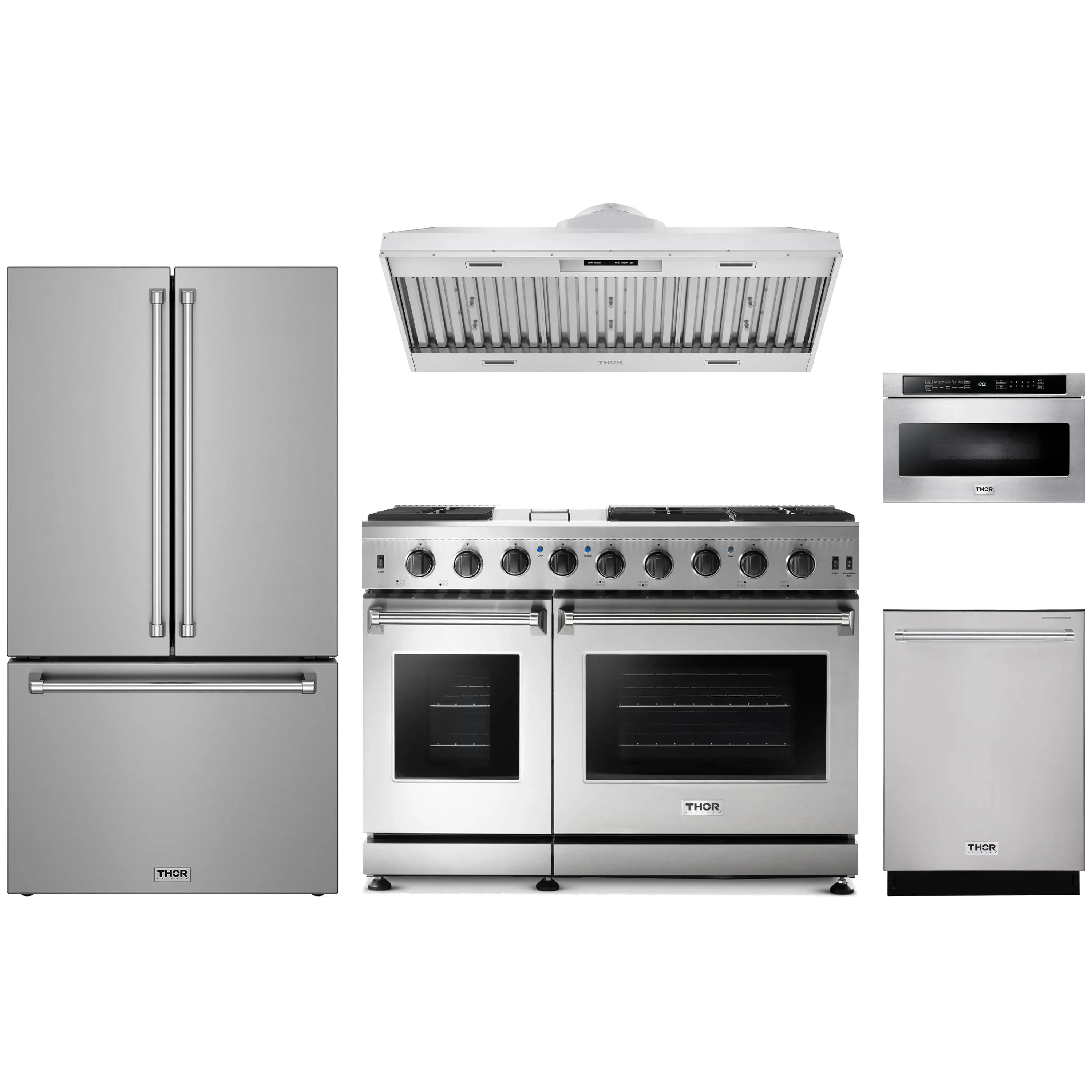 Stainless steel kitchen appliance package with gas range, refrigerator, hood insert, dishwasher, microwave drawer