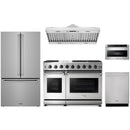 Stainless steel Thor Kitchen appliance package with 48-inch range, range hood, counter-depth refrigerator, dishwasher, microwave drawer