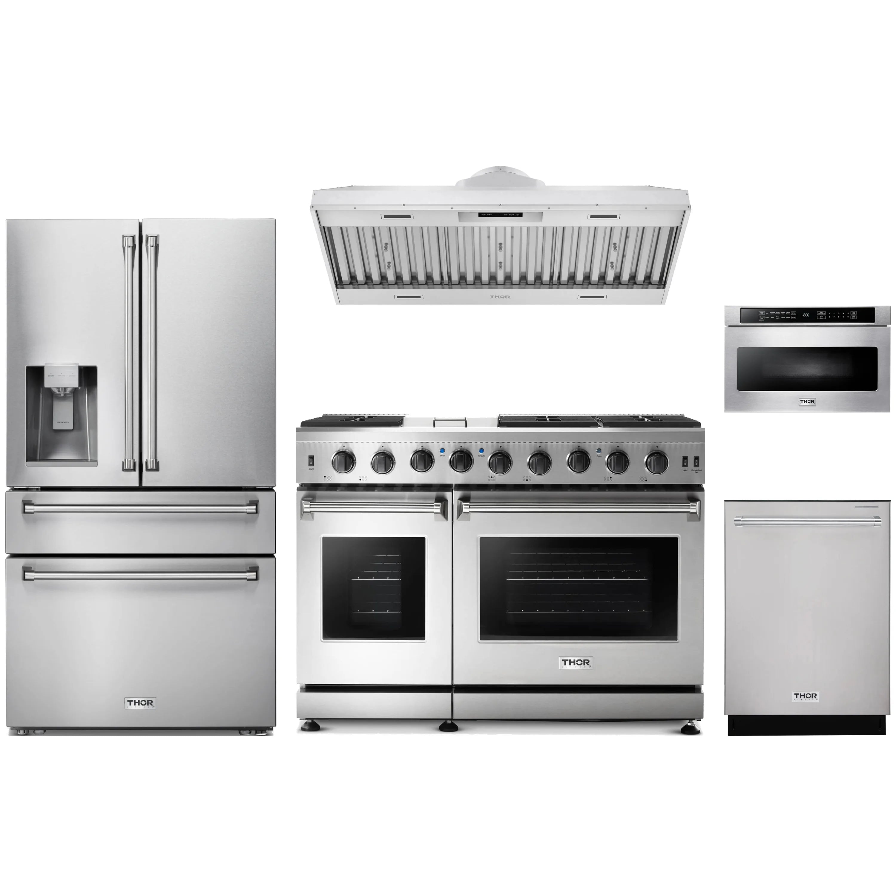 Stainless steel 5-piece appliance package with range, refrigerator, hood insert, dishwasher, microwave drawer