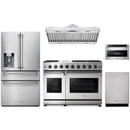 Stainless steel Thor Kitchen appliance package with 48-inch range, range hood, refrigerator with water dispenser, dishwasher, microwave drawer