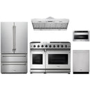 Stainless steel Thor Kitchen appliance package with 48-inch range, range hood, french door refrigerator, dishwasher, microwave drawer