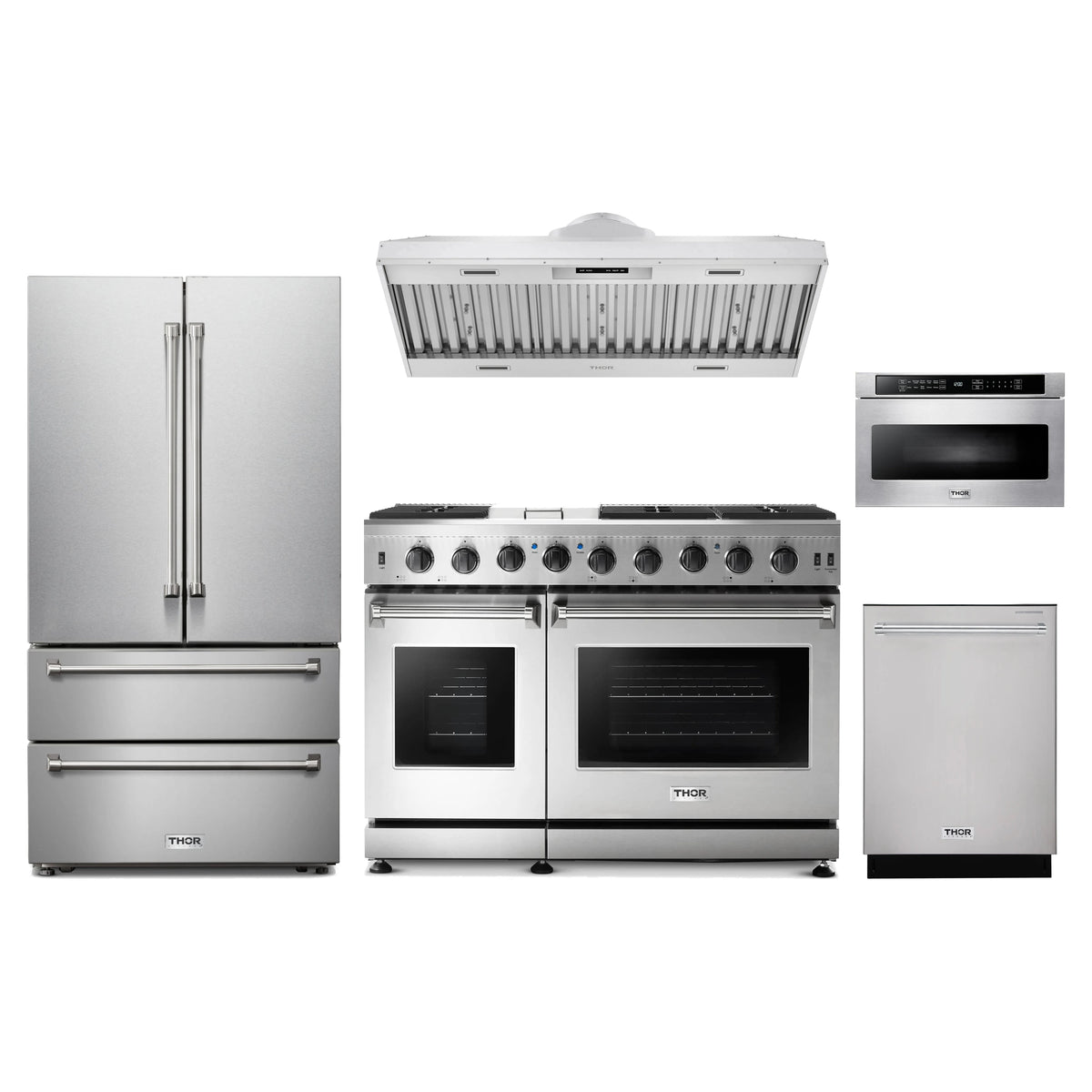 Thor Kitchen 5-Piece Appliance Package - 48-Inch Natural Gas Range, French Door Refrigerator, Hood Insert, Dishwasher, & Microwave Drawer in Stainless Steel