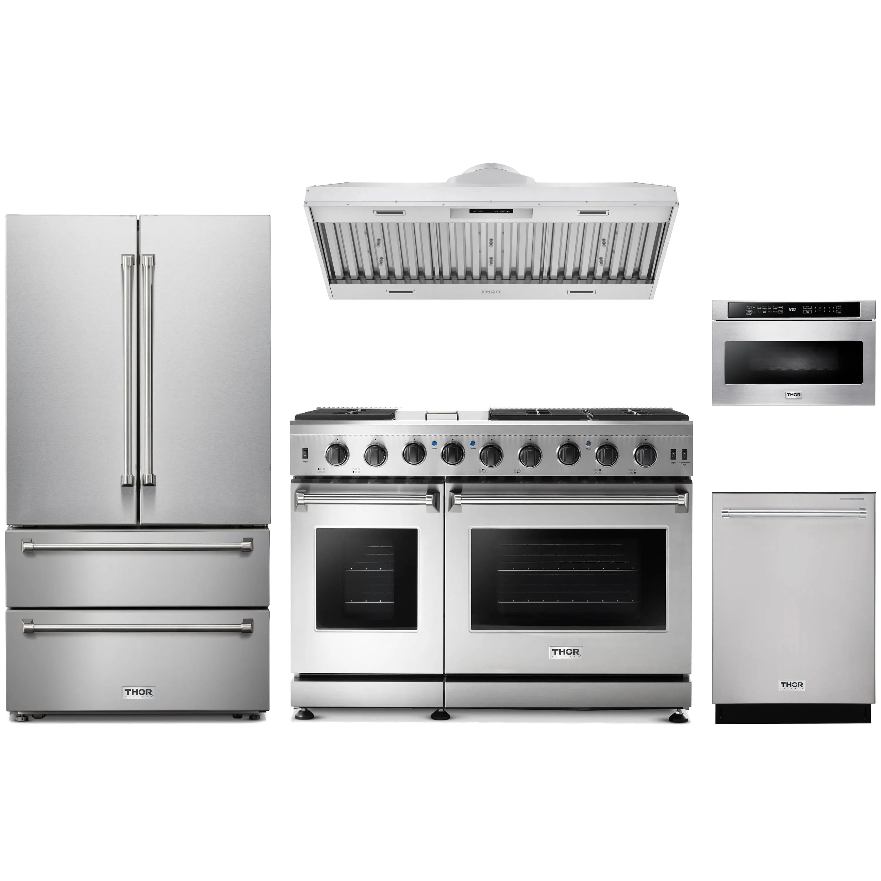 Stainless steel kitchen appliance package showing gas range, refrigerator, and dishwasher